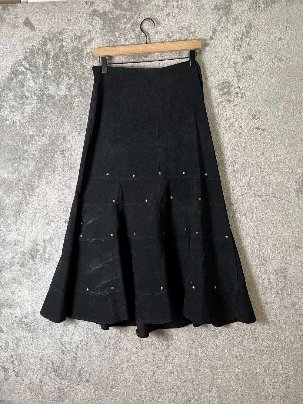Vintage Studded Flare Midi Skirt Stretch Mermaid Hem Y2K Gothic Western Biker M
